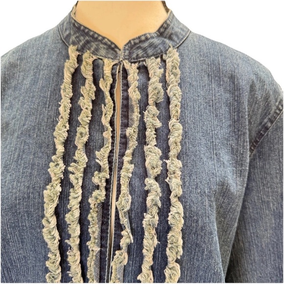 Ruby RD Denim Jacket Fray Ruffle Hook Eye Closure Western Boho 3/4 Sleeves SZ 14 - Picture 2 of 7